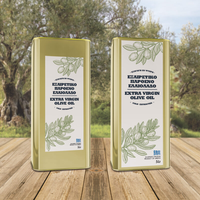 αυτοκόλλητες ετικέτες για δοχεία 5 λίτρων ελαιολάδου με πράσσινα γραμμικά φυλλαράκια ελίας