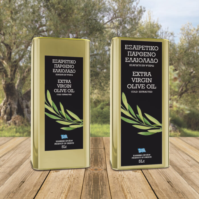 Ετικέτες εξαιρετικού παρθένου ελαιολάδου 5 λίτρων με έντονο πράσσινο κλαδί ελιάς για μεταλλικά δοχεία
