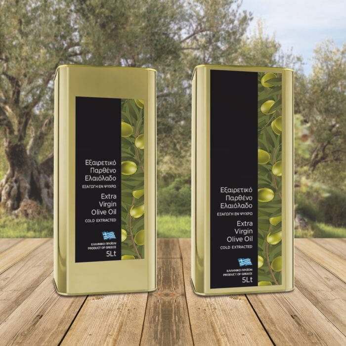 Ετικέτες εξαιρετικού παρθένου ελαιολάδου 5 λίτρων με ελιές και μαύρο φόντο για μεταλλικά δοχεία