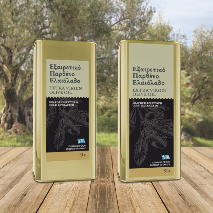 Ετικέτες για μεταλλικά δοχεία 5 λίτρων ελαιολάδου σε λαδί και μαύρο φόντο