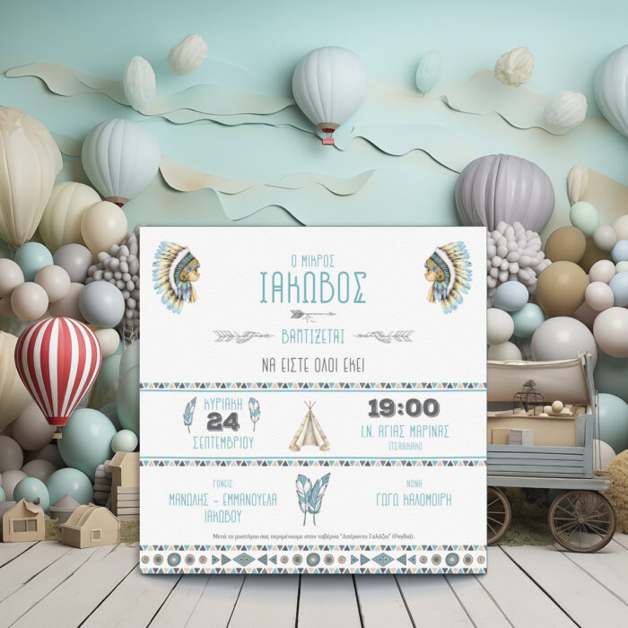 Προσκλητήριο βάπτισης αγοριού με δύο ζωγραφιστά πρόσωπα ινδιάνων