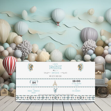 Προσκλητήριο βάπτισης αγοριού με δύο ζωγραφιστά πρόσωπα ινδιάνων