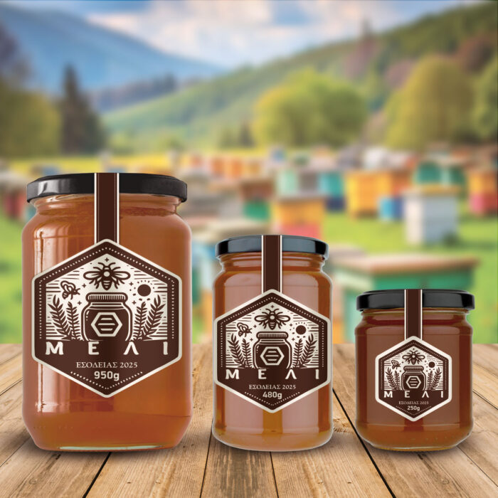 Honey-Jars-8 Παραδοσιακής αισθητικής ετικέτα μελιού με κυψέλη και φυσικά μοτίβα σε τρία μεγέθη βάζων