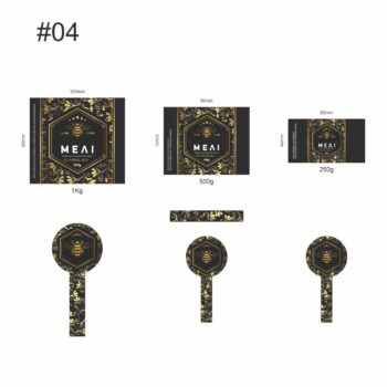 Ετικέτα μελιού σε τρεις διαστάσεις. Μαύρο φόντο και μοτίβα σε χρυσαφί χρώμα.