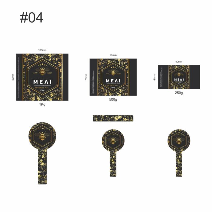 Ετικέτα μελιού σε τρεις διαστάσεις. Μαύρο φόντο και μοτίβα σε χρυσαφί χρώμα.