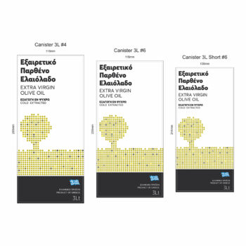 Αυτοκόλλητες ετικέτες για τρίλιτρα δοχεία ελαιολάδου, με αφαιρετικό σχέδιο ελιάς σε χρυσό χρώμα.