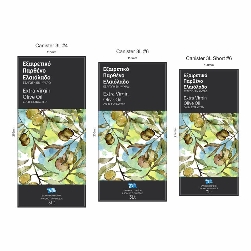 Ετικέτες εξαιρετικού παρθένου ελαιολάδου 3 λίτρων με εικονογράφηση ελιάς για μεταλλικά δοχεία