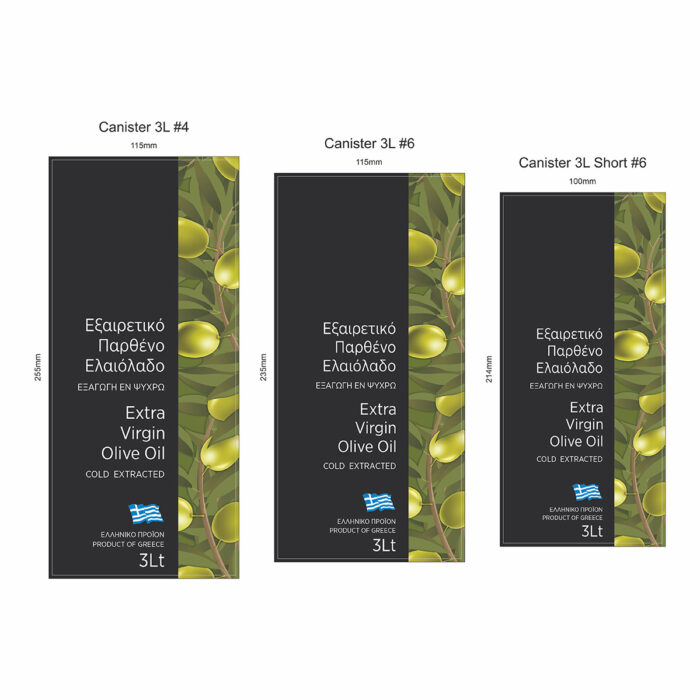 "Ετικέτες εξαιρετικού παρθένου ελαιολάδου 3 λίτρων με ελιές και μαύρο φόντο για μεταλλικά δοχεία"